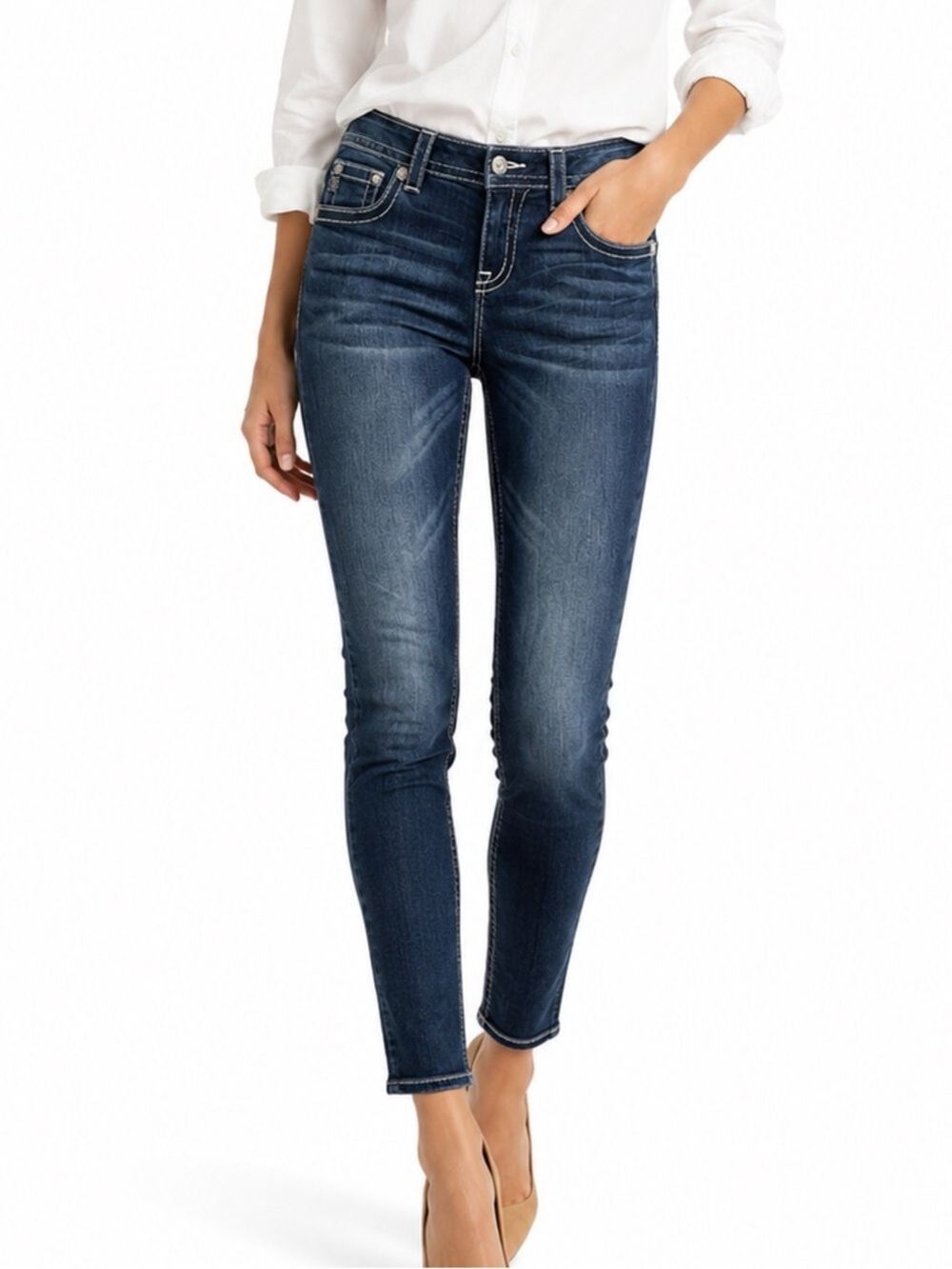 Miss Me Signature Jewels Med Wash Faded Denim Bootcut Jeans Size 28 Ankle Skinny